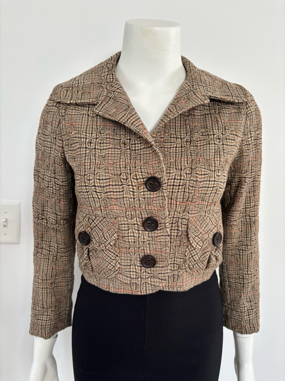 Teri Jon Cropped Plaid Textured  100% Wool Jacket in Brown and Cream